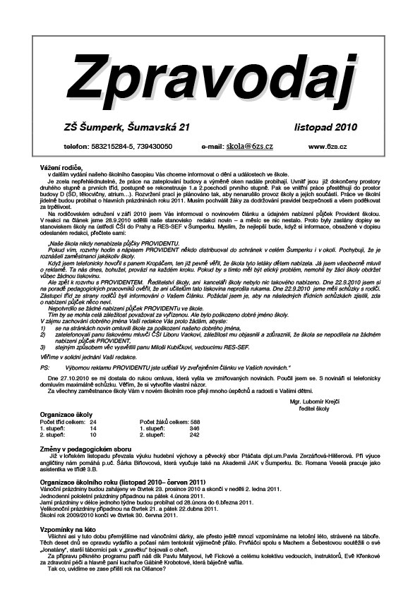 Školní zpravodaj -  listopad 2010