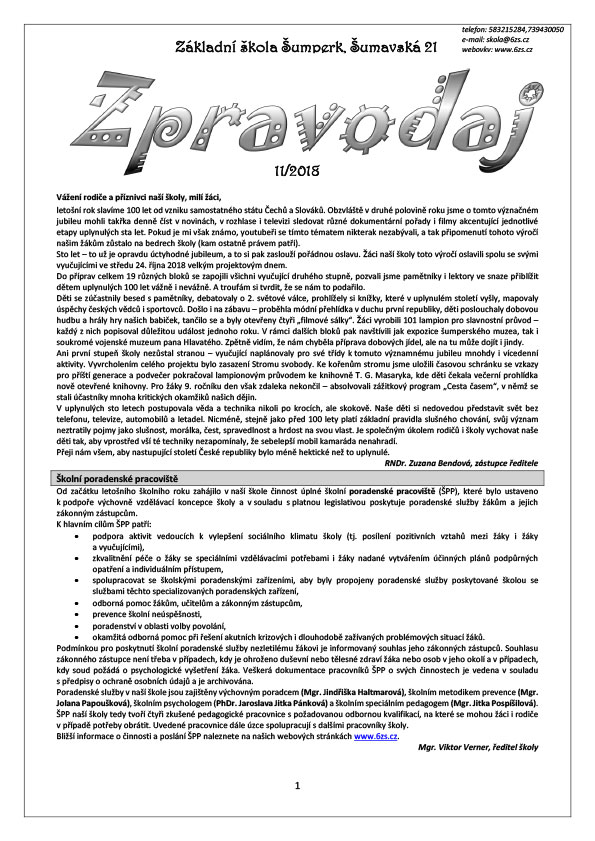 Školní zpravodaj -  listopad 2018